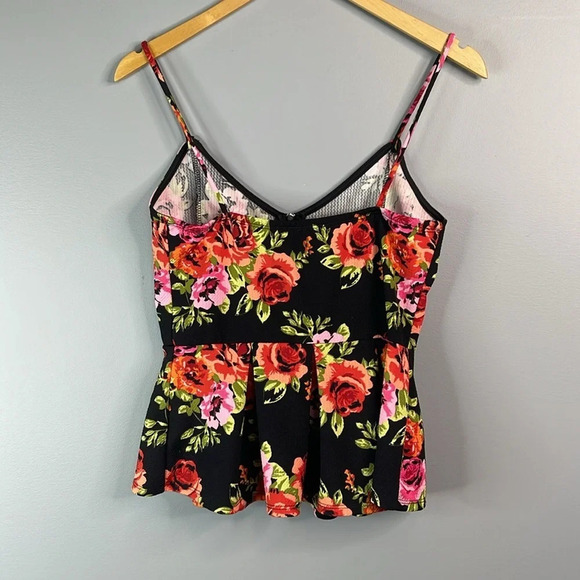 ECLIPSE Rose Floral Peplum Top Zip Embellished Spaghetti Strap Black Red Pink M - Picture 5 of 9